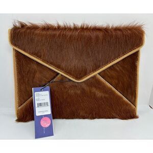 NWT Rebecca Minkoff Envelope Leo Clutch Bag Calf Hair Sand Leather Zipper Trim